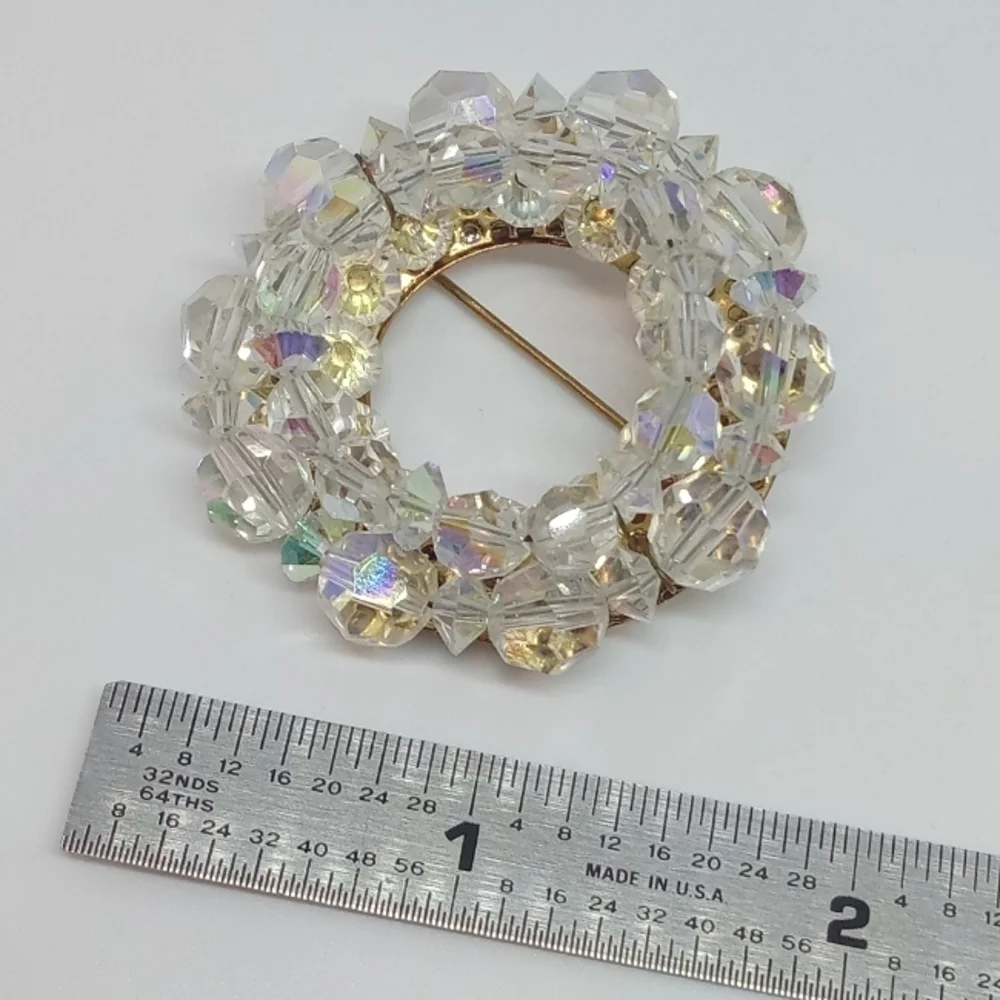 * vintage AB glass crystal bead circle cluster gold tone pin brooch